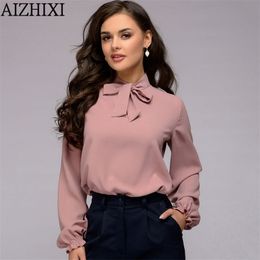 AIZHIXI Ladies Bow Tie Chiffon Blouses Spring Summer Solid Casual Shirt Vintage Elegant Long Sleeve Women Shirts Tops Blusas 210323