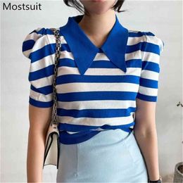 Summer Korean Striped Knitted Pullover Sweater Women Short Sleeve Turn-down Collar Slim Tops Casual Fashion Ladies Jumpers 210513