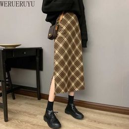 WERUERUYU Winter Thickening Wool Blend Split Mid Plaid Skirt Cashmere Warm Hip Slim Mid-calf Knit Skirts 210608