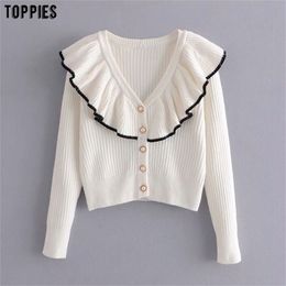 Women White Cardigan Sweater Pearls Button Knitted Jacket Coat Ruffles Tops Autumn Winter 210421