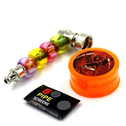 DHL free Tobacco Pipe smoking accessories Colourful Beads Detachable Metal Pipe with Plastic Grinder Sliver Screen smoke sets