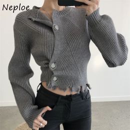 Side Ireegular Chic Button Sweaters Women O-neck Long Sleeve Ripped Knitted Cardigans Autumn Solid Colour Casual Coat 210422