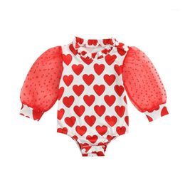 Jumpsuits 0-24M Born Infant Baby Girl Valentine's Day Jumpsuit See-through Bubble Long Sleeves Heart-shaped Pattern Romper