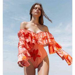 Sexy Swimsuit Long Sleeve Swimwear Women V-Neck Monokini Print Backless Bodysuit String Plus Size Bathing Suit 210712