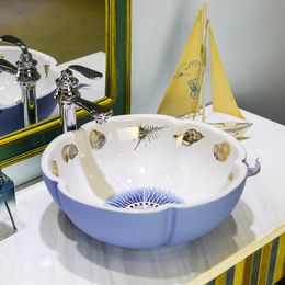 China Painting Artistic Porcelain Art Antique Handpainted Lavatory Sink wash basin bowl bathroom sink flower shape