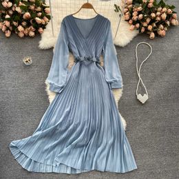 Blue/Beige Chiffon Pleated Long Dress Women Vintage V-Neck Puff Sleeve Draped Vestidos Female High End Vacation Robe 2021 New Y0603