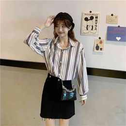 Summer Women's Shirts, Korean Version of Loose Tops, Wild Vertical Stripes, Long-sleeved Shirt PL251 210506