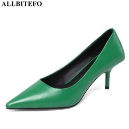 ALLBITEFO high quality real genuine leather women heels shoes pointed toe thin heel fashion sexy street women high heel shoes 210611