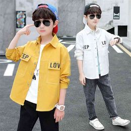 Korean Baby Boys Shirts Casual Spring Long Sleeve Letter Print Tops Autumn White Coats Children Clothing Teenage 10 12 15 Years 210622