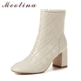 Meotina Women Ankle Boots Shoes Genuine Leather High Heel Short Boots Zipper Chunky Heels Ladies Boots Autumn Winter Beige Black 210520