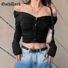 Goth Dark E-girl Sexy Off Shoulder With Chain Black T-shirts Gothic Ruched And Button Front Long Sleeve Slim Women Crop Cardigan Y0621