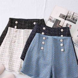 High Waist Tweed Shorts Women Casual Loose Ladies Fashion Spring Autumn Slim Button All-match 210722