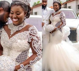 Arabic Aso Ebi Luxurious Mermaid Wedding Dresses Plus Size Sparkly Crystal Beaded Lace Long Sleeve African Niergian Bridal Gowns