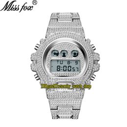 MISSFOX eternity V304 Hip hop Mens Watches multi-function CZ Diamond inlay Digital Dial Electronic Movement Men Watch Iced Out Diamonds Alloy Case Silvery Strap