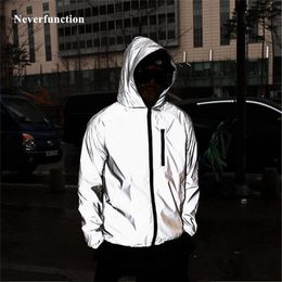 Plus Size 4XL Men Spring Autumn full reflective Windbreaker waterproof Jacket male High street hip hop Loose Hooded Coats 210723