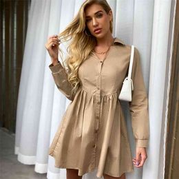 long sleeve khaki pleated short autumn dress women casual button ladies winter vestidos 210427