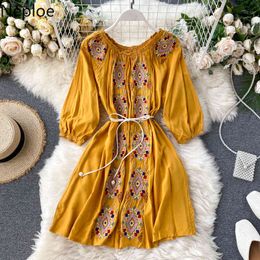 Neploe Embroidery Summer Bandage Dress Puff Sleeve Short Bohemian Beach Dresses Women Off Shoulder Holiday Vestidos 1D814 210423