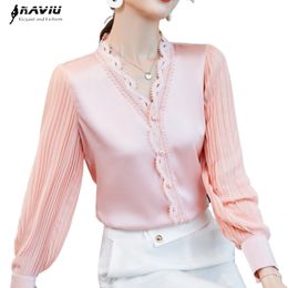 Pink V Neck Shirt Women Autumn Lace Puff Sleeve High-End Fashion Temperament Design Silk Blouses Office Ladies Formal Work Tops 210317