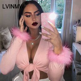 LVINMW Sexy Pink Cotton Cross Bow Tie V Neck Crop Top Autumn Winter Women Long Sleeve Fur Splice T shirt Female Party Club Tops Y0629