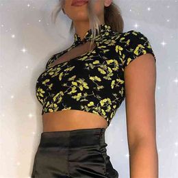 OMSJ Women Black Vintage Cheongsam Collar Crop Top Summer Short Sleeve Flower Printed Hollow Out T-shirt Streetwear 210517