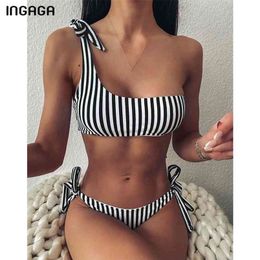 INGAGA Sexy Bikinis Swimsuits Women Swimwear One Shoulder Biquini Push Up Bathing Suits Striped Printing Swim Suit 210630