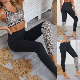 Women Leopard Letter Print Yoga Sets Gym Clothes High Waist Crop Top Pant Sport Two-Piece Leggings Outfits 210813