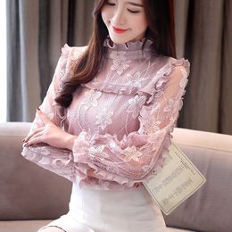 Women clothing Floral Hollow Out Spring Lace Shirt See through basic Female Elegant Long-sleeve Lace Women Blouse shirts 50G 210317