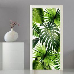 Modern Green Leaf Door Sticker Living Room Bedroom PVC Self-Adhesive Waterproof Mural Wallpaper Door Poster 3D Vinyl Door Murals 210317