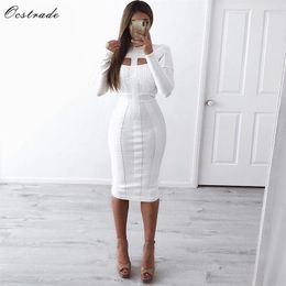 Ocstrade Women White Bandage Dress Bodycon Arrivals Sexy Cut Out High Neck Long Sleeve Party Rayon Bandage Midi Dress 210630