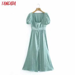 Tangada Summer Women Flowers Jequared Green Dress Puff Short Sleeve Square Collar Ladies Elegant Sundress XN287 210609