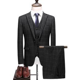 Men's Suits & Blazers ( Jacket + Vest Pants ) Grey Blue Plaid Suit High-end Brand Three-piece Groom Wedding Dress Blazer