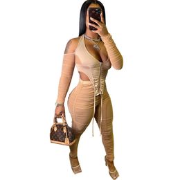 Sexy Off Shoulder Ruched Two Piece Set Women O Neck Zipper Bandage Crop Top + Sheer Mesh Pants Club Party 2 Piece Set Outfits Y0625