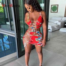 Summer Straps Sleeveless Crop Tops Sexy Hollow Out Mini Skirts Two-Piece Set Women's Fashion Bandage Printed Wrap Hip Outfits 210517