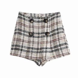 Tweed Women Patchwork Button Shorts Spring-Autumn Fashion Ladies Elegant Khaki Female Vintage Girls Chic 210430