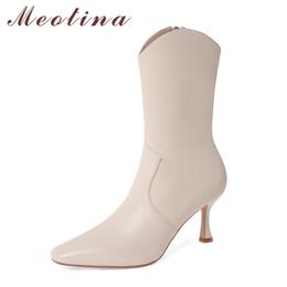Meotina Mid Calf Boots Women Shoes Real Leather High Heel Westren Boots Pointed Toe Stiletto Heels Zip Ladies Boots Beige 33-40 210520