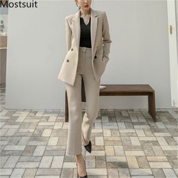 Office Workwear Korean Women Blazer Pant Suits Sets Autumn Double-breasted + Pants Fashion Ol Style Work 210513