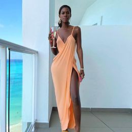 Women's Swimwear Long Tunic Woman Solid Sresses For Women Party Club Deep V-neck Camis Side Slit Sleeveless Backless Sexy Dress