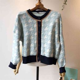 Korean Ins Knitted Cardigan Sweater Autumn Houndstooth Knitwear Pull Top Vintage British Style Elegant Women 210514