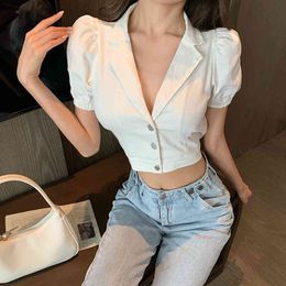 Temperament Notched Collar Puff Sleeve Women's Short Shirt Fashion Slim Sexy Back Hollow Out Embroidery Cropped Top Blouse 210514