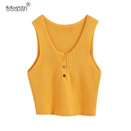 Women Sweet Fashion Buttons Ribbed Knitted Tops Vintage Female Yellow V Neck Sleeveless Short Sweater Tops 210520