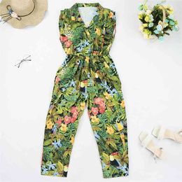 women tropical flower leaves print siamese rompers ladies sleevelss jumpsuits casual elastic waist pocket trousers 210520