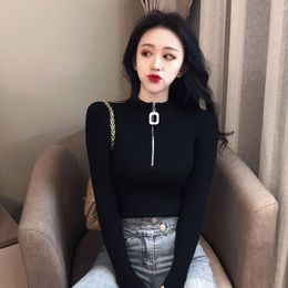 Women's Sweaters Women Black Yellow Pullovers Half-high Zipper Sweater For Slim Long-sleeved Bottoming Crop Tops