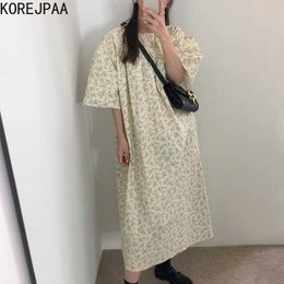 Korejpaa Women Dress Summer Korean Chic Fresh Round Neck Pleated Full-Screen Floral Loose Versatile Puff Sleeve Vestidos 210526