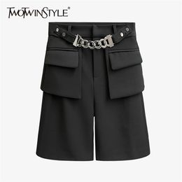 Straight Patchwork Chain Trouser For Women High Waist Casual Black Knee Length Wide Leg Pants Female Fashion 210521