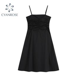 Summer Sexy Spaghetti Strap Folds Dress Women Fashion Solid Off Shoulder Sleeveless Dresses Female Party Clubwear Night 210515