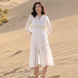 Robe Embroidered Hollow Out Dress Women's Summer Round Neck Single Breasted Half Sleeve Mind-calf Dresses 5C569 210510