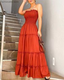 Women Solid Colour StraplLong DrLayered Ruffles Design Bandeau Maxi Dress X0529