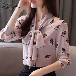 Autumn Long Sleeve print chiffon blouse women shirt elegant bow V-neck casual office ladies tops womens and blouses 5370 50 210508