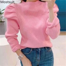 Korean Puff Sleeve Solid Knitted Sweaters Tops Women Long Half-high Collar Fashion Female Sweater Spring 210513