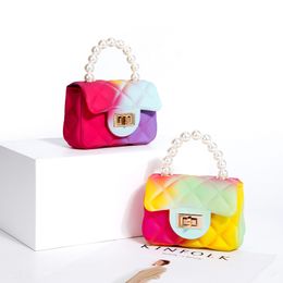baby Handbags Jelly bag Pearl handbag rhombus bag new colorful one-shoulder messenger mini pearl handbag Children Chain bags A271